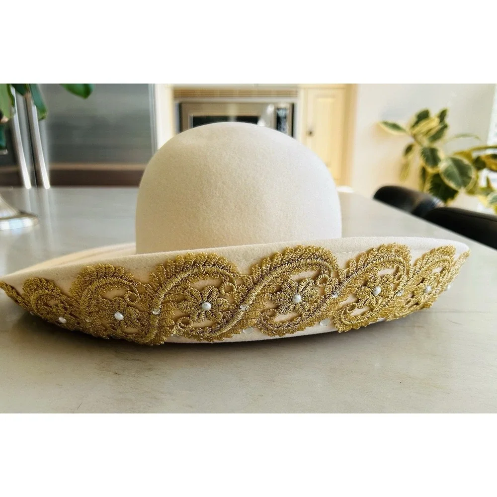 Michael New York Ivory Wide Brim Fedora Hat Gold Lace Rhinestone Size M